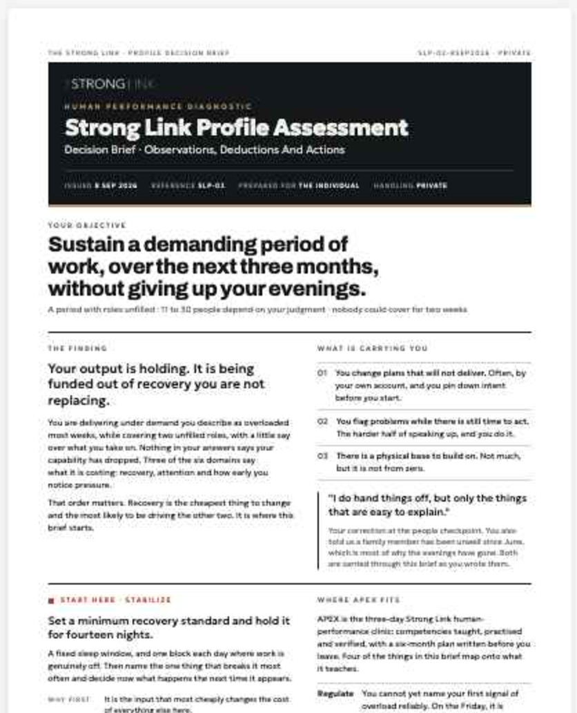 The first page of the Strong Link Profile decision brief